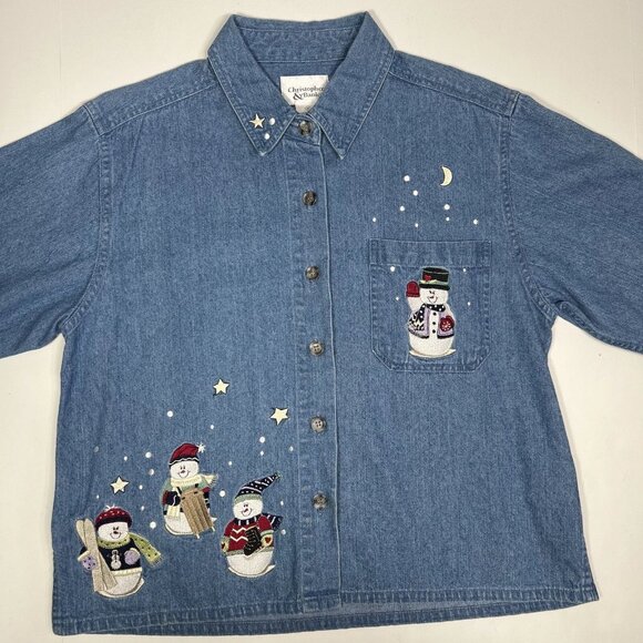Vintage Christopher & Banks Womens Size M Blue Denim Snowman Crop Shirt Jacket - Picture 6 of 11
